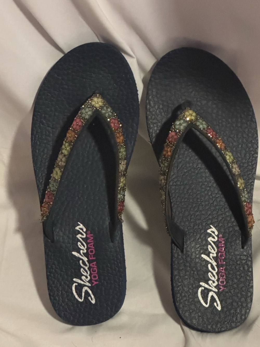 Skechers Women's Navy Flip Flops with Multicolor Gem-Strap Accents